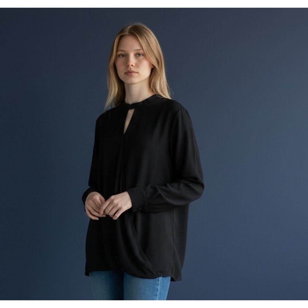 Eileen Fisher Large 100% Silk Black Draped Keyhole Blouse Long Sleeve Tunic Top